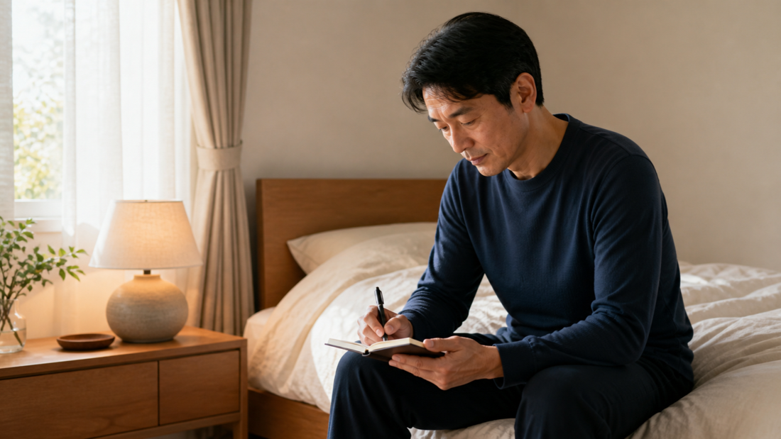 朝の寝室で睡眠と体調をノートに記録する40代男性