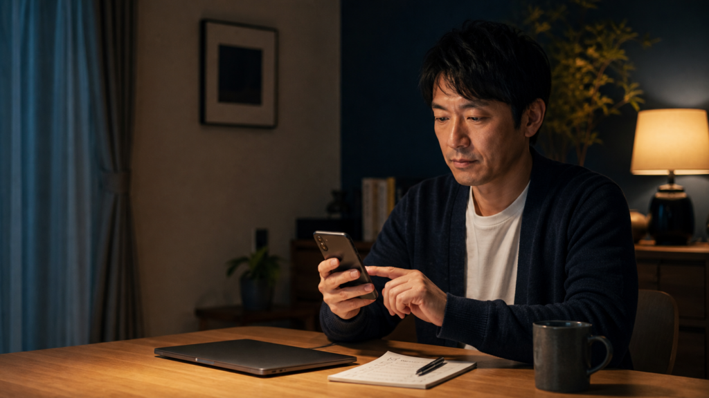 夜の自宅でスマホの履歴・通知・明細設定を確認する40代男性