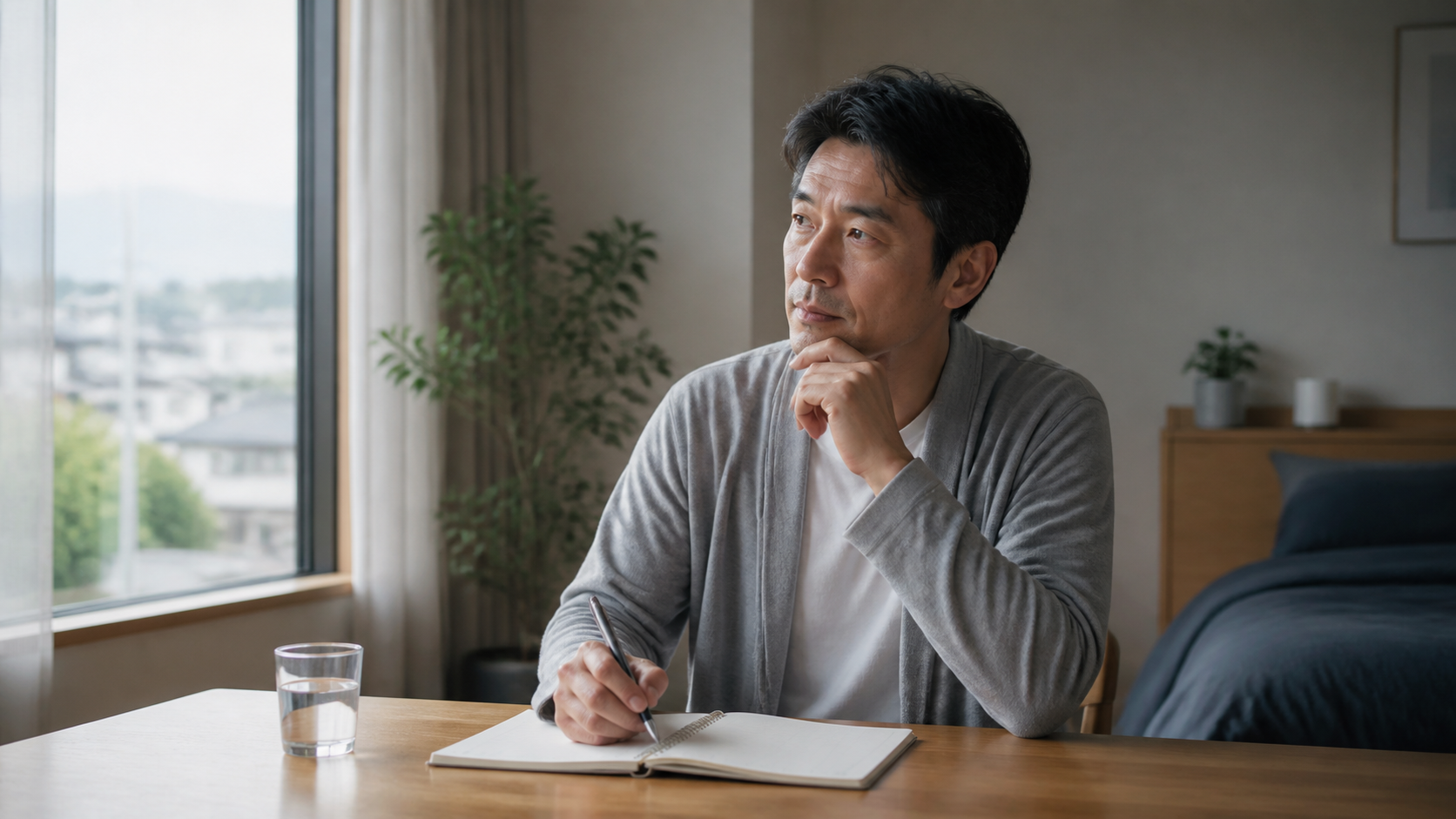 朝の部屋で40代男性が睡眠と体調をノートに記録するイメージ