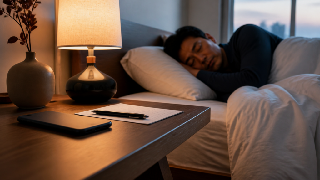 40代男性が睡眠記録をつけるイメージ