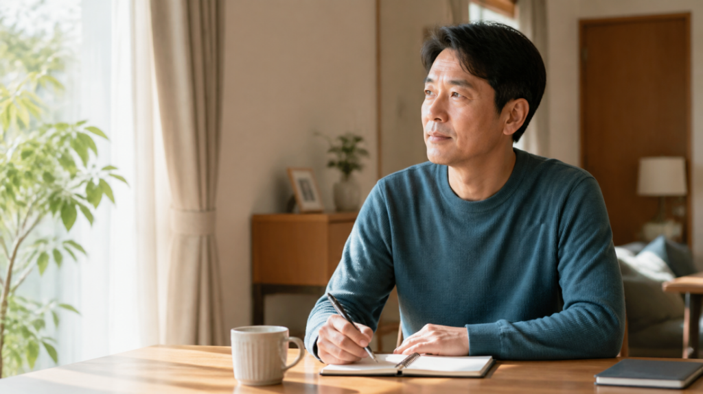 40代男性が体調の変化を記録し、受診を考えるイメージ