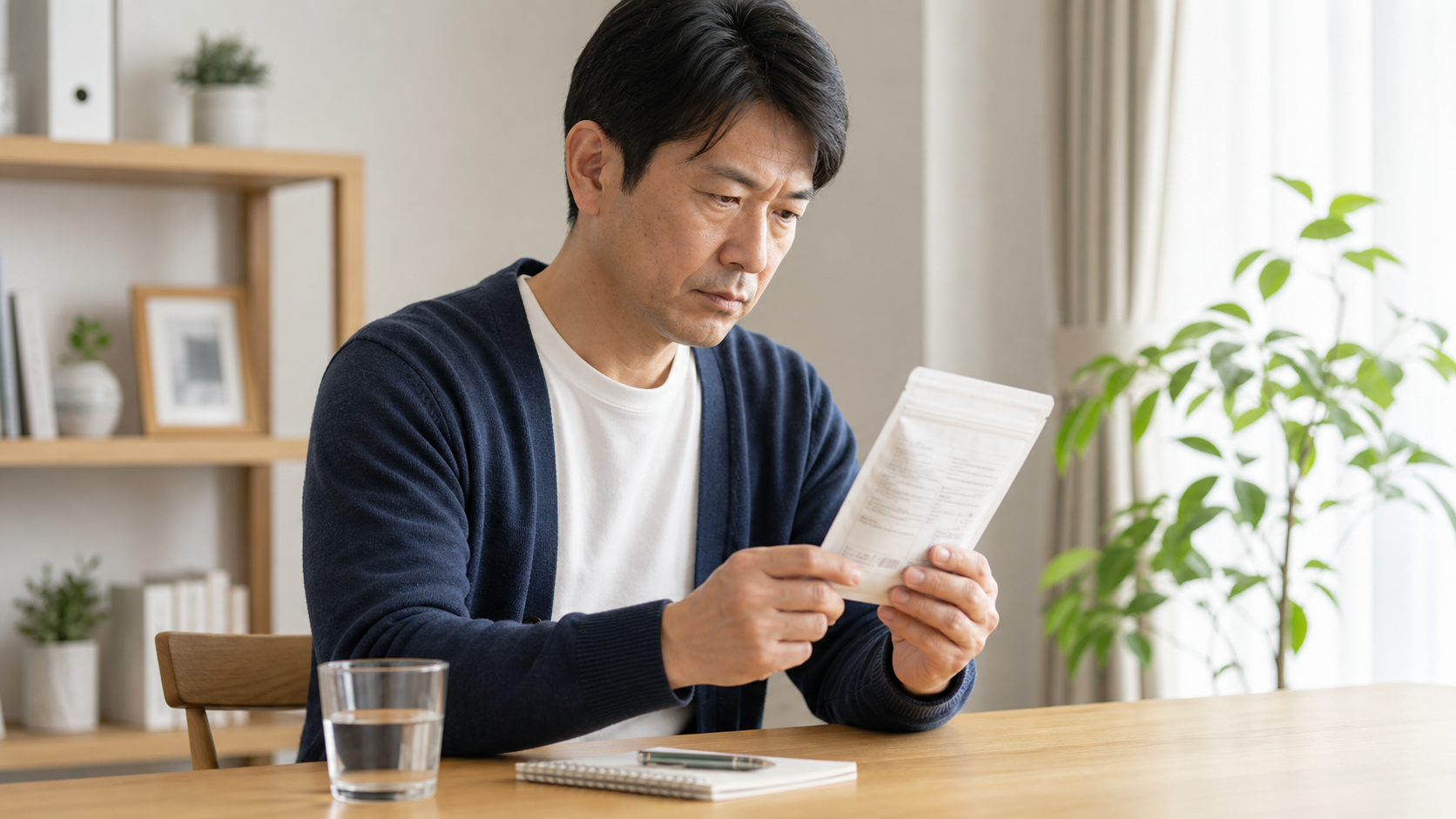 40代男性がサプリメントの成分表示を確認するイメージ