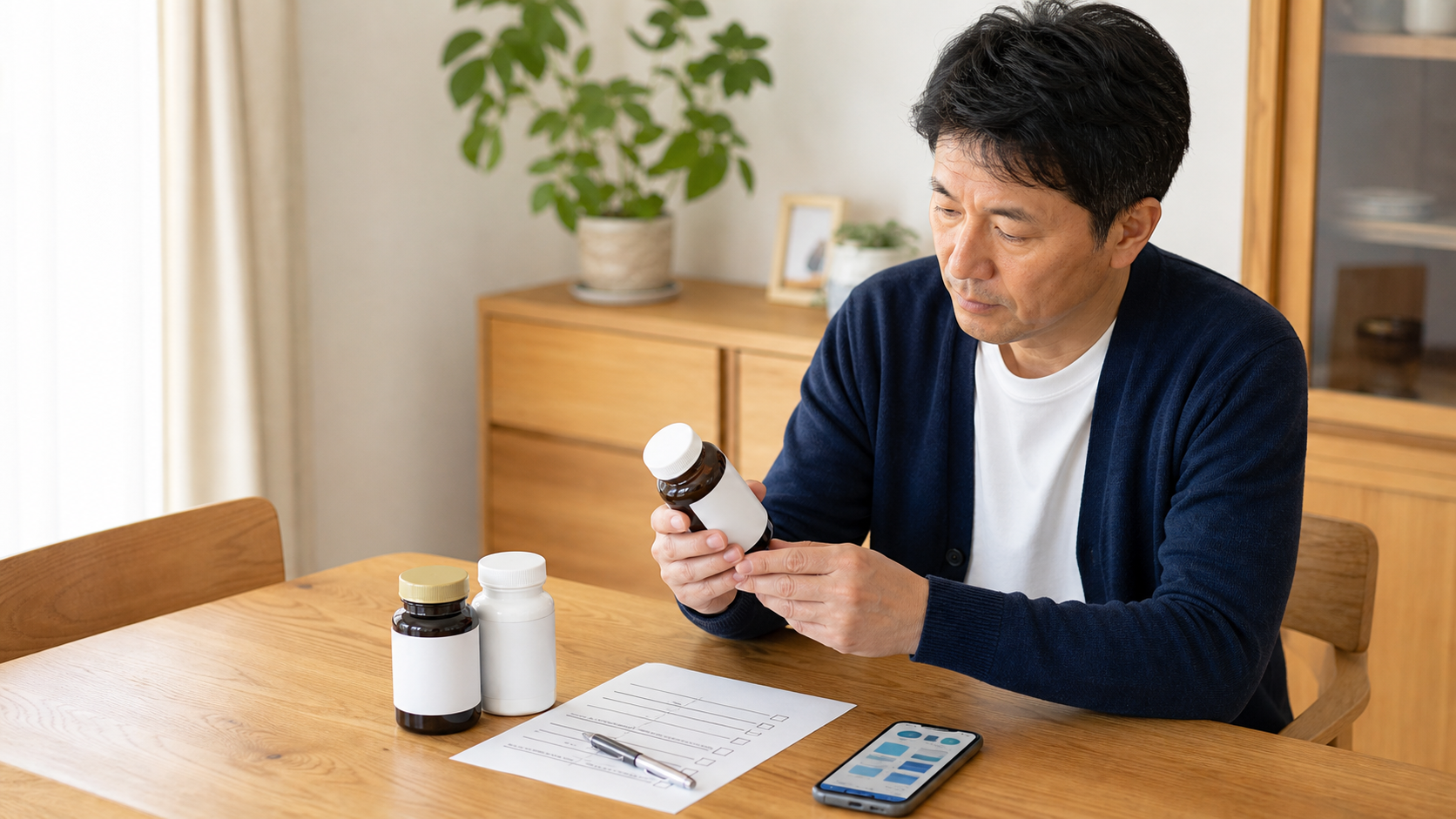 40代男性が3種類の活力系サプリの表示と価格を比較するイメージ