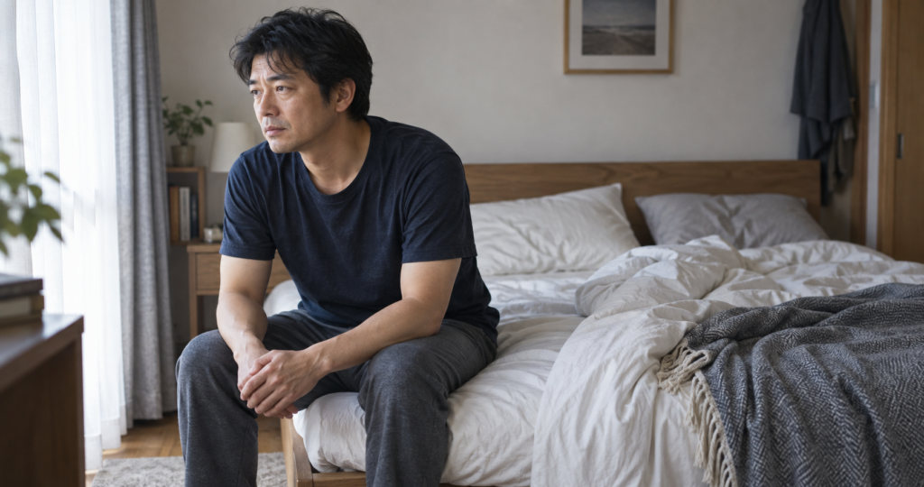 40代で中折れが気になり、寝室で考える男性