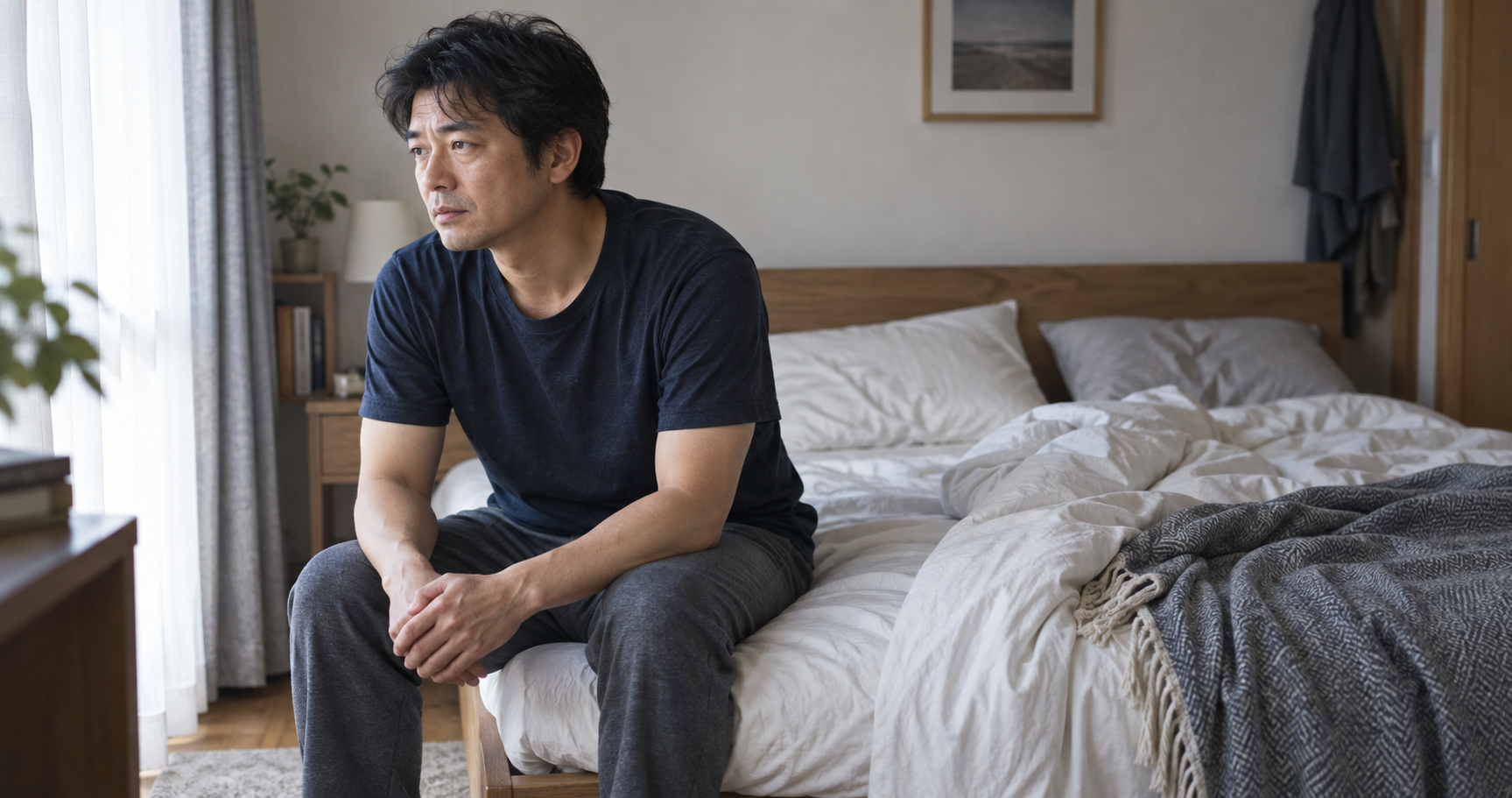 40代で中折れが気になり、寝室で考える男性