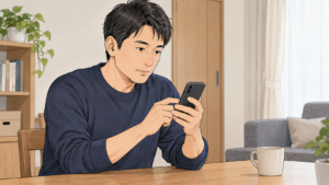 自宅でスマートフォンを確認する40代男性のイラスト
