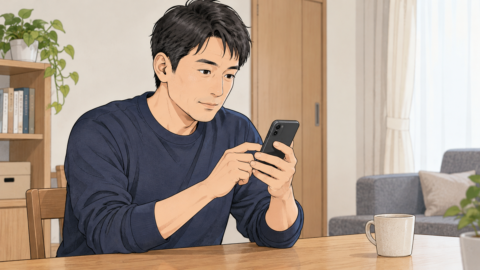 自宅でスマートフォンを確認する40代男性のイラスト